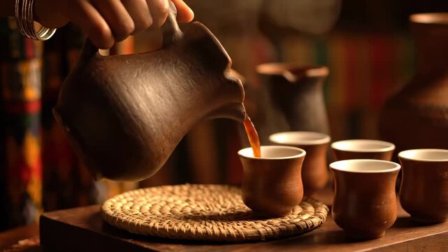 Ethiopian jebena clay pot pouring traditional brewed coffee cinematic UHD authentic African ceremony lifestyle stock footage. ethiopian earthenware pitcher dispensing customary coffee