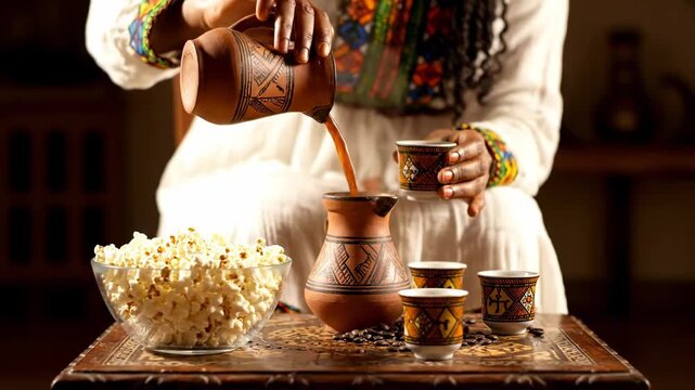 Ethiopian coffee ceremony serving popcorn alongside cups cinematic UHD authentic African cultural lifestyle stock footage. ethiopian java ritual popped grain treat vessel filmic