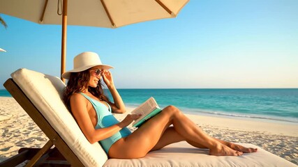 Guest reading book umbrella beach chair cinematic UHD boutique hotel lifestyle stock video. vacationer novel parasol shore lounger upscale lodging existence