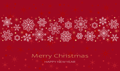 Festive Christmas background with variety of snowflakes. Seamless border. Christmas and New Year background template. White snowflakes on red background. Design for holiday banners, greetings, cards