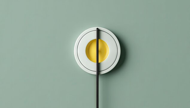 Minimalist overhead view of a perfectly cooked hard boiled egg sliced in half on a white plate with a dark stick.