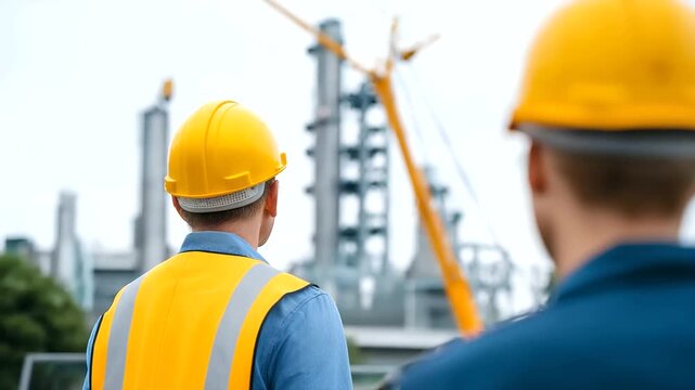 Industrial plant construction crew installing process equipment and piping systems heavy lift cranes and specialized tools supporting chemical facility development with safety pro