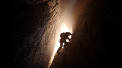 Person climbing narrow cave passage