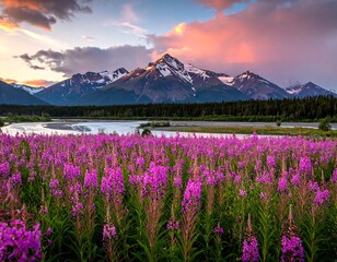A serene landscape showcases a vibrant field of magenta wildflowers, with a tranquil river flowing through a lush forest, beside snow-capped mountains under a beautiful sunset sky.