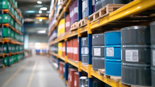 Massive chemical storage warehouse with rows of labeled hazmat containers and safety containment systems ventilation equipment and spill prevention barriers creating secure