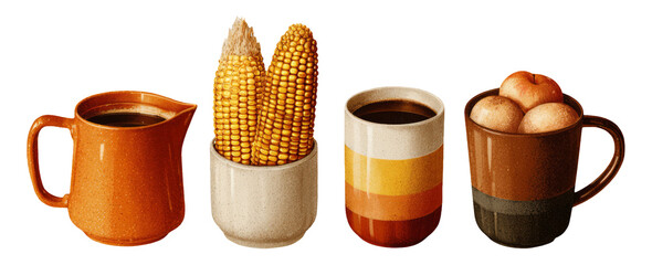 Rustic Kitchenware with Coffee and Corn in Warm Tones on Transparent Background