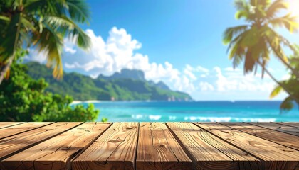 A wooden deck with a tranquil view of a tropical beach and mountains.