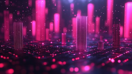 Abstract digital cityscape with vibrant pink accents evokes technological progress