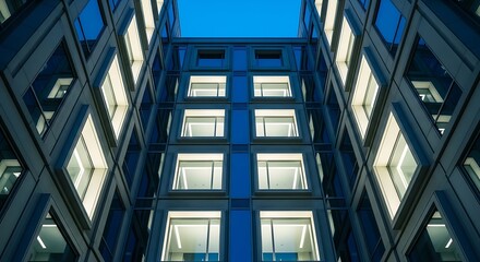 Modern office building facade with illuminated windows at dusk