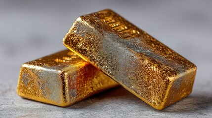Two gold bars are stacked on a neutral surface close up.