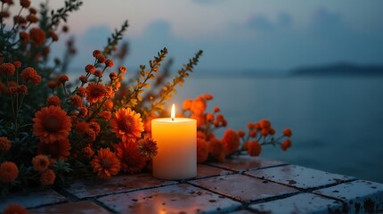 Orange chrysanthemum flowers with lit candle on tiled surface by calm water at dusk