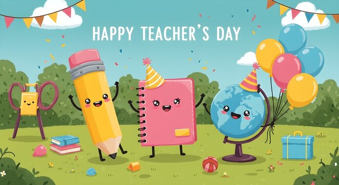 A cheerful illustration celebrating Happy Teacher's Day with school-themed characters in a playful outdoor - Powered by Adobe