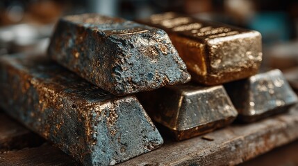 Stack of gold bars some tarnished on a wooden surface close up.