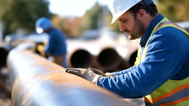 Pipeline construction workers welding large diameter steel pipes with specialized equipment safety protocols and environmental protection systems managing energy infrastructure