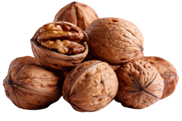 A pile of fresh whole and cracked walnuts on isolated transparent background