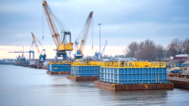Port construction project with massive concrete caissons being positioned by floating cranes precision engineering equipment and pile foundations creating new harbor