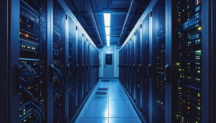 A meticulously detailed view of a server room, showcasing rows of dark metal cabinets filled with advanced computer equipment.