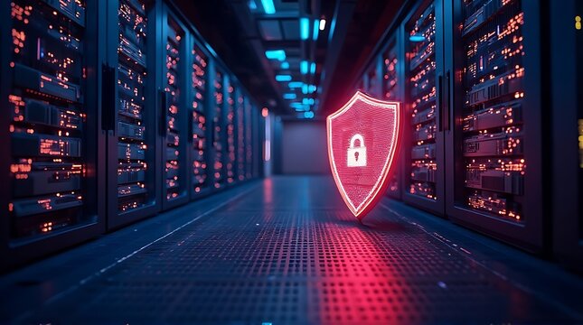Server room corridor with neon shield lock symbol representing cybersecurity protection