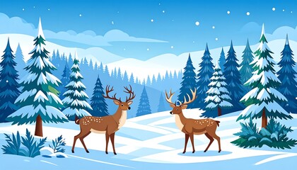 Naklejka premium Two majestic deer stand amidst a snowy winter forest, bathed in a serene blue and white landscape.