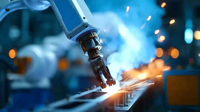 Robotic welding arms performing precision assembly operations with sparks flying from metal fabrication automated manufacturing cells with safety barriers and quality control sens