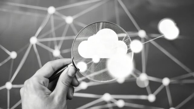 Hand holding magnifying glass over cloud computing network graphic.