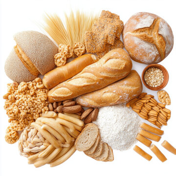 Assortment of fresh baked bread with wheat and grains on display