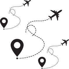 Minimalist airplane travel path with pins. Dashed route line representing a plane journey, romantic trip, business travel, and flight routes.