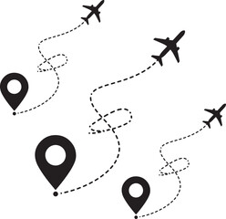 round trip travel concept. plane travelling from start point to end point with dotted line tracing. trip planning vector symbol on transparent