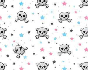 Bezszwowy wz&oacute;r z czaszkami i gwiazdkami w stylu wektorowym