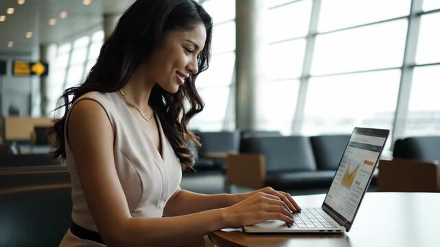 Woman smiling while typing laptop jungle lodge cinematic UHD handheld remote work lifestyle stock video. female beaming portable computer rainforest cabin filmic ultra high