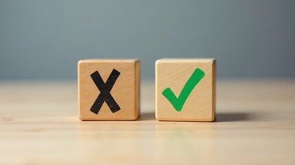 Wooden cubes with black X and green checkmark symbols on table surface