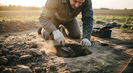 Archaeologist excavating soil with brush and trowel in outdoor dig site