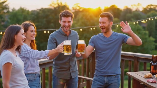 Group of friends holding beer mugs and talking on wooden terrace during sunset with string lights and forest background. Outdoor social gathering and summer party concept. Design for banner, postcard,