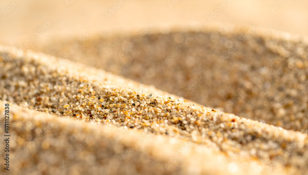 Poster macro shot of warm golden beach sand with fine grains and gentle waves, creating a natural texture b