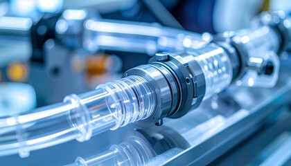 Precision clear tubing and metal joints in a futuristic blue-lit industrial or laboratory setting, highlighting technological advancement.