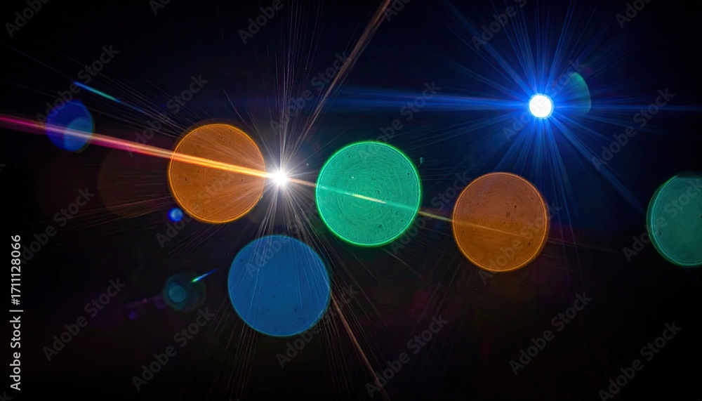 Aufkleber colorful lens flares and bokeh circles create an abstract and vibrant light effect on a dark backgro