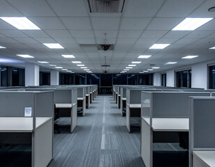 Empty modern office space at night, rows of cubicles under bright fluorescent lights. Ideal for themes of corporate life, solitude, and business.
