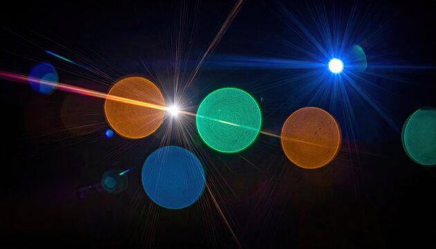 Colorful lens flares and bokeh circles create an abstract and vibrant light effect on a dark background, perfect for technology or space designs. - Powered by Adobe
