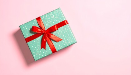 Teal gift box with red ribbon on pink background