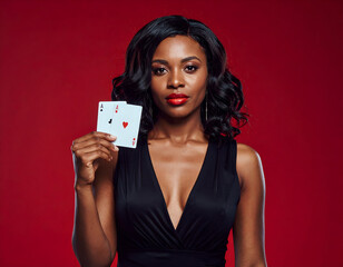 Elegant Black woman holding two aces, looking confidently at the camera against a vibrant red background, portraying high stakes and glamour.