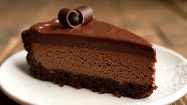 Close up Mississippi mud pie slice rich chocolate cinematic UHD handheld American dessert lifestyle stock video. delectable mudcake portion intense cocoa filmic portable us