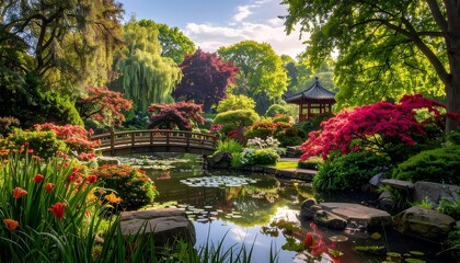 Fototapeta premium A serene garden scene with vibrant flowers, a wooden bridge, and a tranquil pond.
