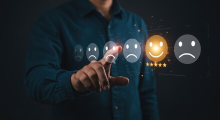 A person interacts with a digital interface displaying various emoticons, conveying emotions and feedback.