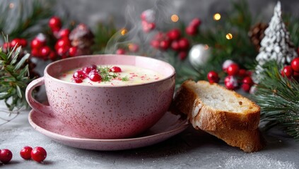 Creamy Pomegranate Soup Served with Bread on a Festive Christmas Table.