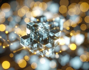 Abstract glowing digital cubes connected by luminous lines, symbolizing blockchain, data, AI, and future technology in a blurred bokeh environment.