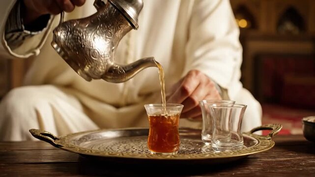 Moroccan tea master raising teapot high pour mint tea cinematic UHD authentic North African tea lifestyle stock footage. berber beverage expert elevating pot dispensing infusion