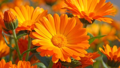 Close-up view of vibrant orange marigold flowers in a cluster, showcasing detailed petals and a central disc.