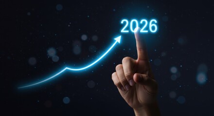 Hand pointing to a glowing blue graph arrow with the year 2026