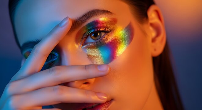 Close-up portrait of woman with rainbow light reflection on face and hand