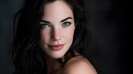 Obraz premium Beautiful woman with long dark hair and captivating green eyes in a soft, dramatic portrait